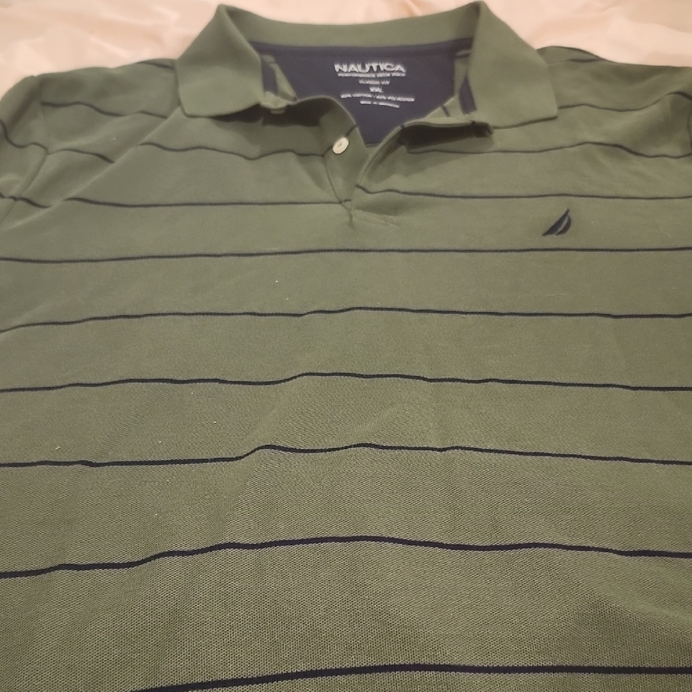 Nautica Green Striped Polo Shirt Classic Knit Design